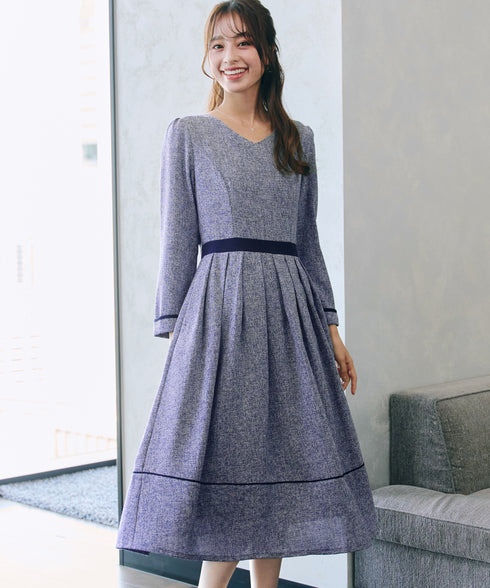 配色パイピングフレアワンピース