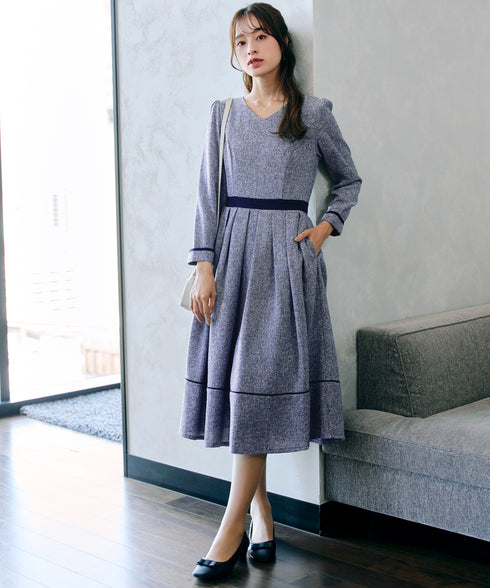 配色パイピングフレアワンピース