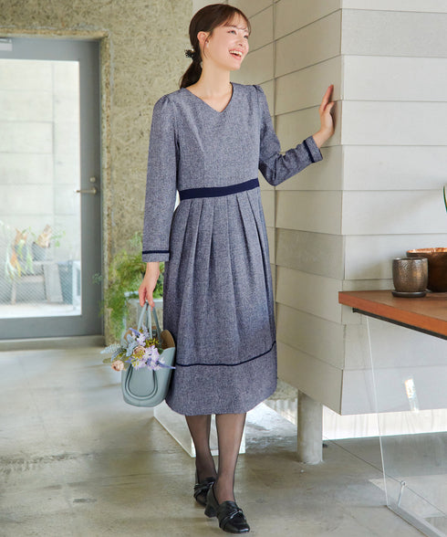 配色パイピングフレアワンピース