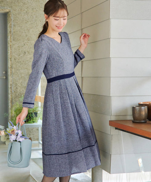 配色パイピングフレアワンピース