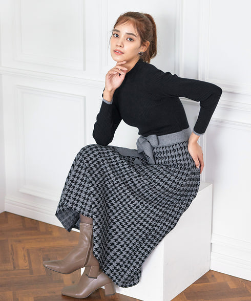 【アウトレット】千鳥柄ニットプリーツワンピース