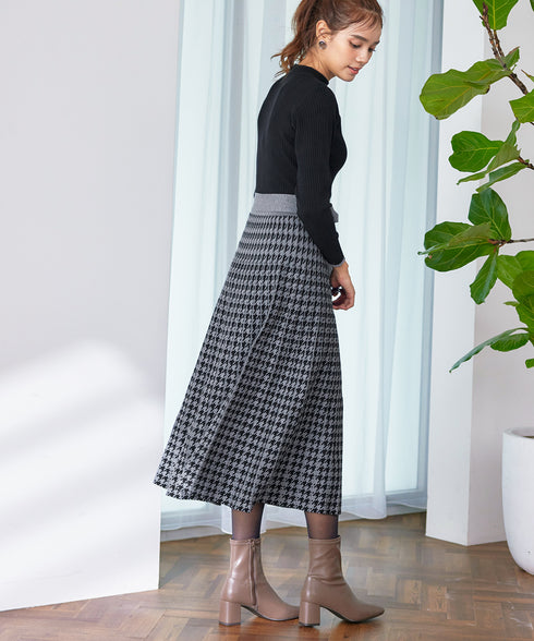 【アウトレット】千鳥柄ニットプリーツワンピース