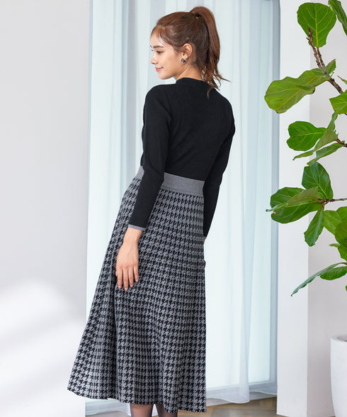 【アウトレット】千鳥柄ニットプリーツワンピース