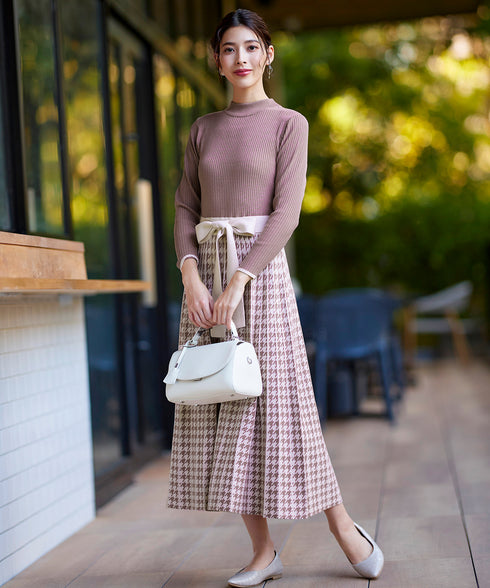 【アウトレット】千鳥柄ニットプリーツワンピース