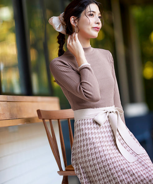 【アウトレット】千鳥柄ニットプリーツワンピース