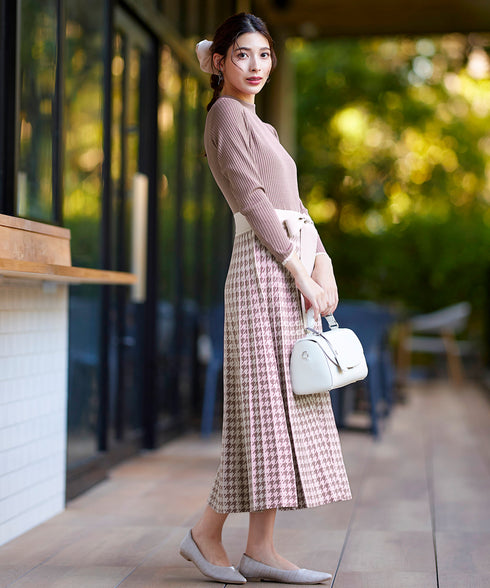 【アウトレット】千鳥柄ニットプリーツワンピース