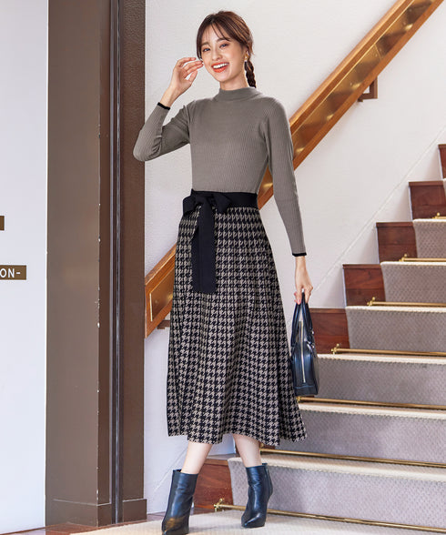 【アウトレット】千鳥柄ニットプリーツワンピース