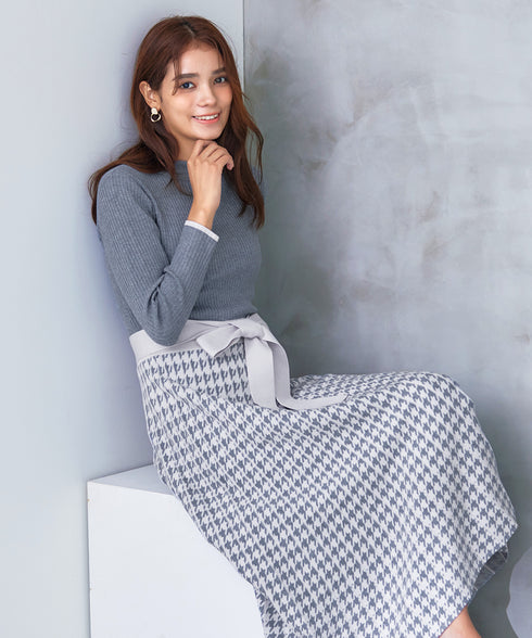 【アウトレット】千鳥柄ニットプリーツワンピース