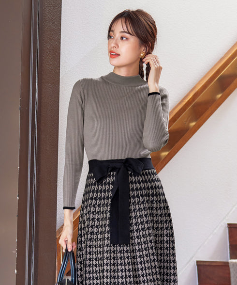 【アウトレット】千鳥柄ニットプリーツワンピース