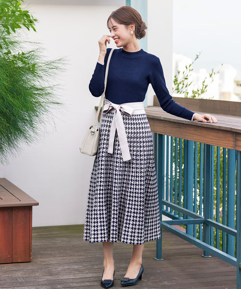 【アウトレット】千鳥柄ニットプリーツワンピース