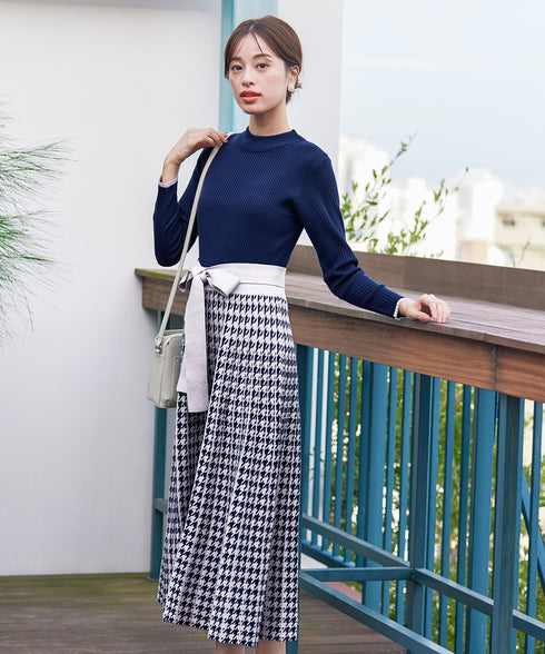 【アウトレット】千鳥柄ニットプリーツワンピース