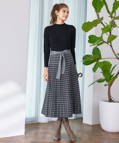 【アウトレット】千鳥柄ニットプリーツワンピース