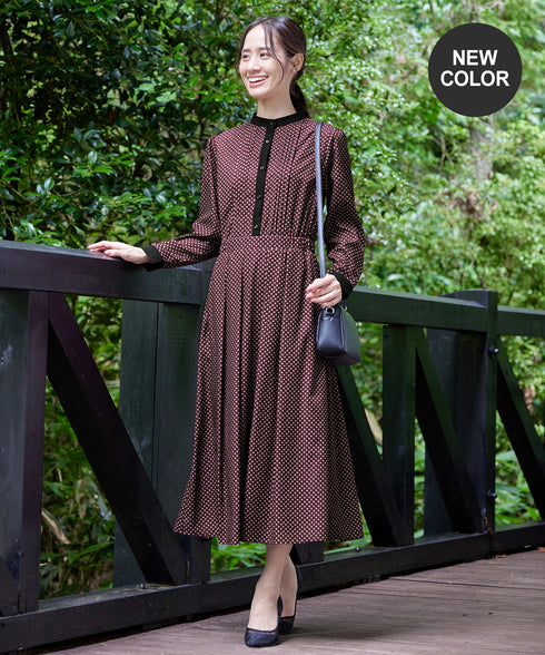 【新色追加】配色バンドカラー幾何学柄ワンピース