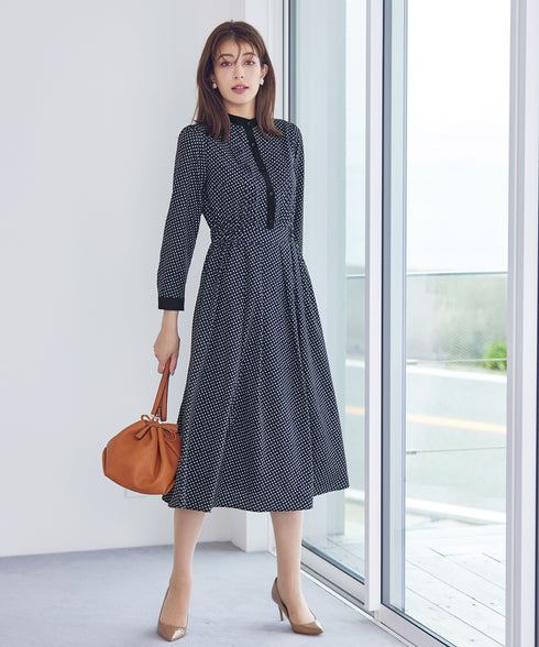 【新色追加】配色バンドカラー幾何学柄ワンピース