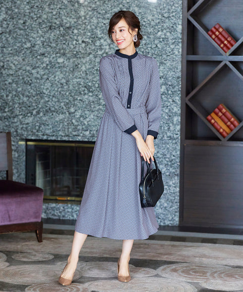 【新色追加】配色バンドカラー幾何学柄ワンピース