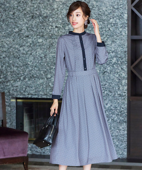 【新色追加】配色バンドカラー幾何学柄ワンピース