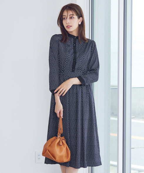 【新色追加】配色バンドカラー幾何学柄ワンピース