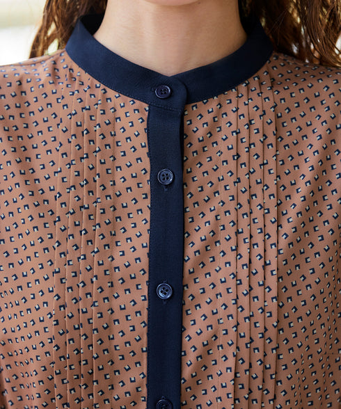 【新色追加】配色バンドカラー幾何学柄ワンピース