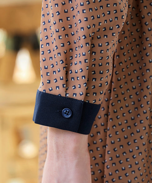 【新色追加】配色バンドカラー幾何学柄ワンピース