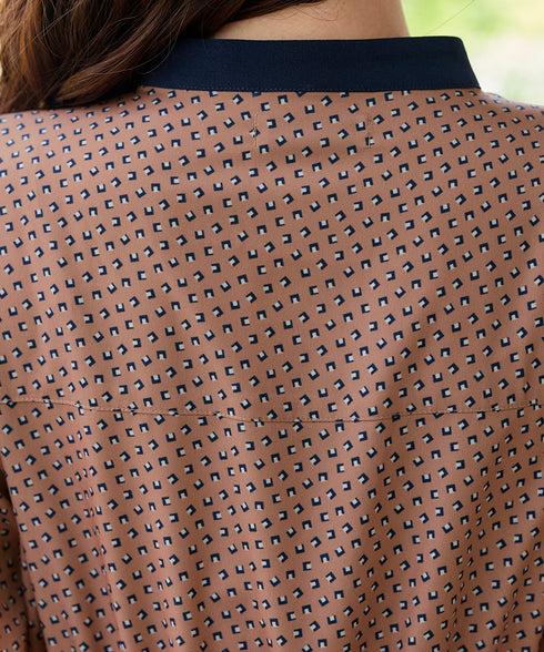 【新色追加】配色バンドカラー幾何学柄ワンピース