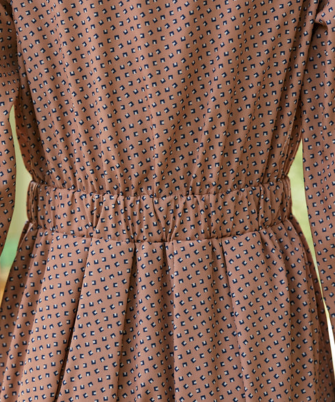 【新色追加】配色バンドカラー幾何学柄ワンピース