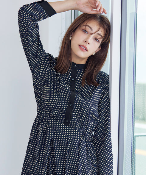 【新色追加】配色バンドカラー幾何学柄ワンピース