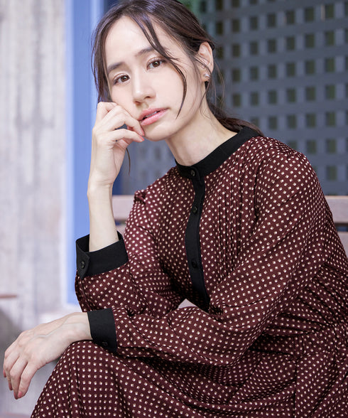 【新色追加】配色バンドカラー幾何学柄ワンピース