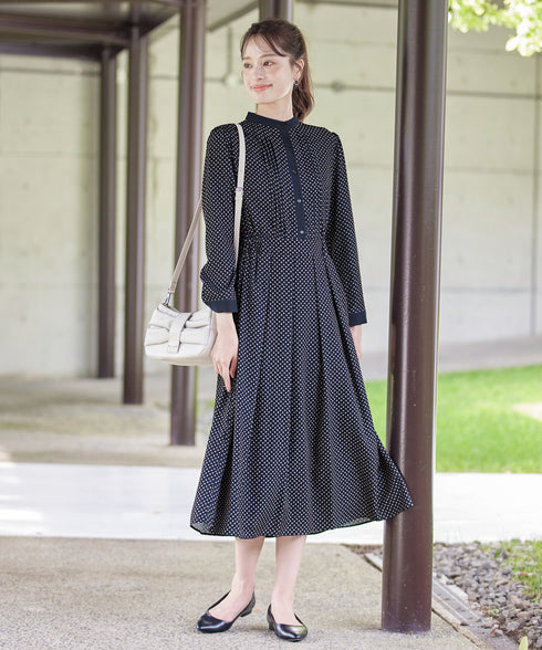 【新色追加】配色バンドカラー幾何学柄ワンピース