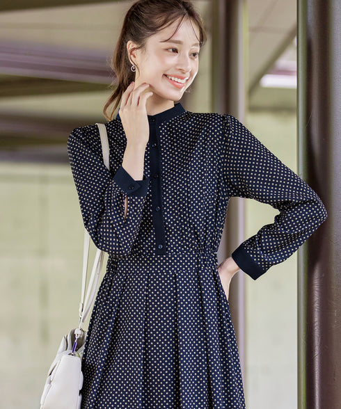 【新色追加】配色バンドカラー幾何学柄ワンピース