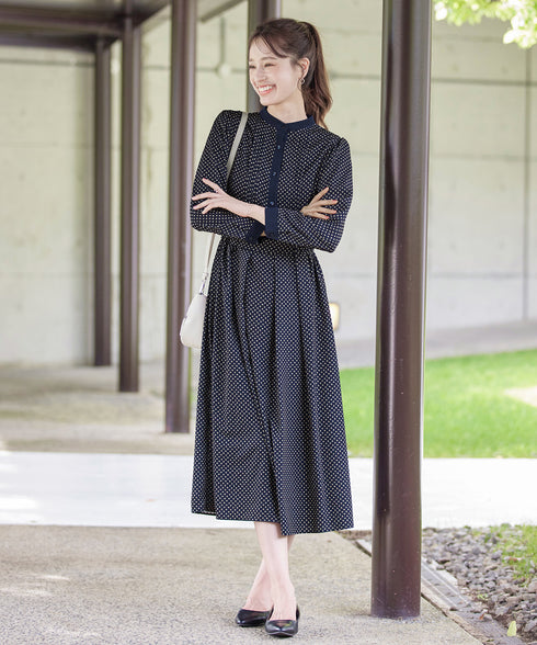 【新色追加】配色バンドカラー幾何学柄ワンピース