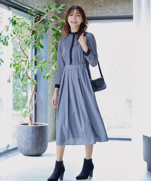 【新色追加】配色バンドカラー幾何学柄ワンピース