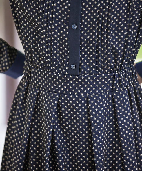 【新色追加】配色バンドカラー幾何学柄ワンピース