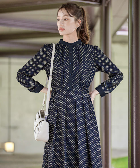 【新色追加】配色バンドカラー幾何学柄ワンピース