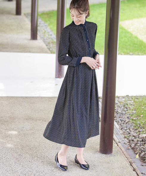 【新色追加】配色バンドカラー幾何学柄ワンピース