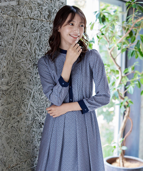 【新色追加】配色バンドカラー幾何学柄ワンピース