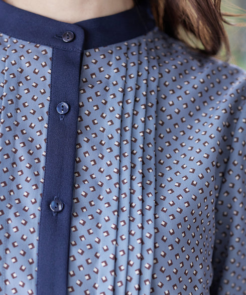 【新色追加】配色バンドカラー幾何学柄ワンピース