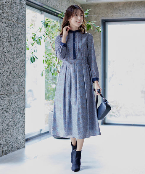 【新色追加】配色バンドカラー幾何学柄ワンピース