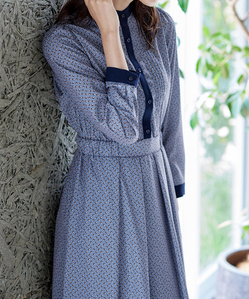 【新色追加】配色バンドカラー幾何学柄ワンピース