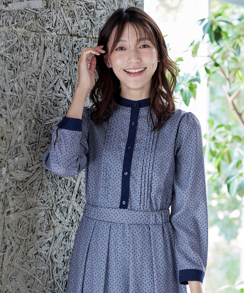 【新色追加】配色バンドカラー幾何学柄ワンピース