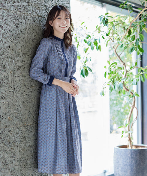 【新色追加】配色バンドカラー幾何学柄ワンピース