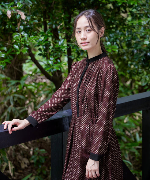 【新色追加】配色バンドカラー幾何学柄ワンピース