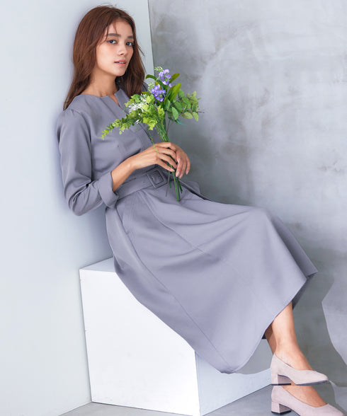 ベルト付キーネックポケットワンピース