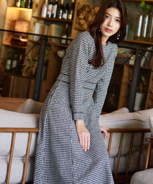 ツイード配色フレアワンピース