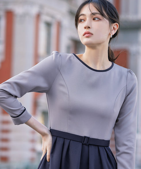 【アウトレット】バックルベルト付き配色フレアワンピース