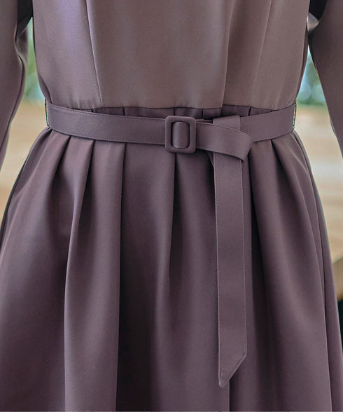 【アウトレット】バックルベルト付き配色フレアワンピース