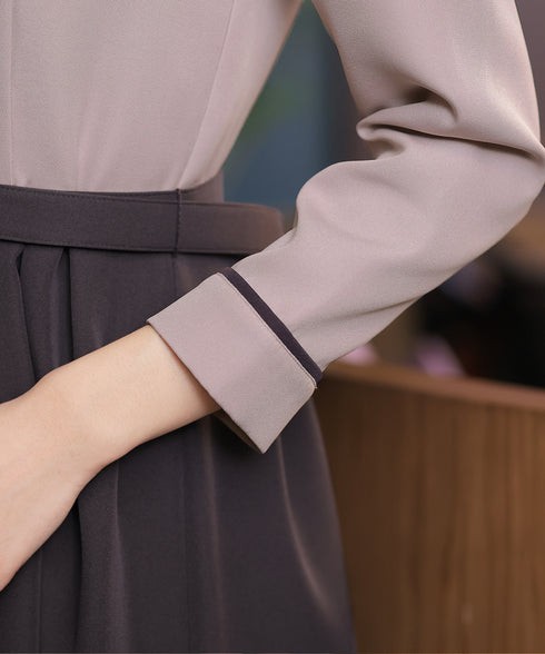 【アウトレット】バックルベルト付き配色フレアワンピース