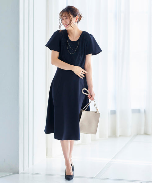 【アウトレット】フレアスリーブレースコンビワンピース