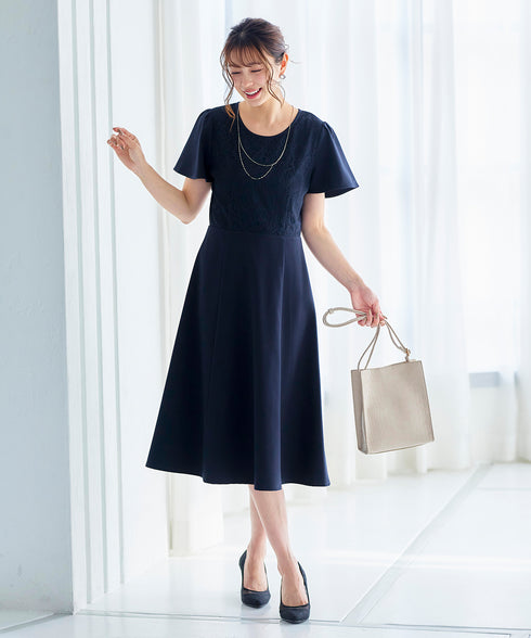 【アウトレット】フレアスリーブレースコンビワンピース