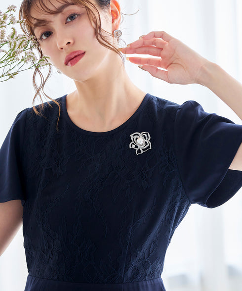 【アウトレット】フレアスリーブレースコンビワンピース