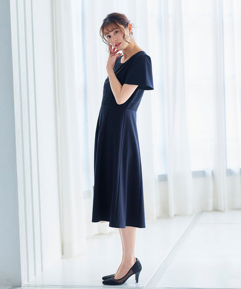 【アウトレット】フレアスリーブレースコンビワンピース